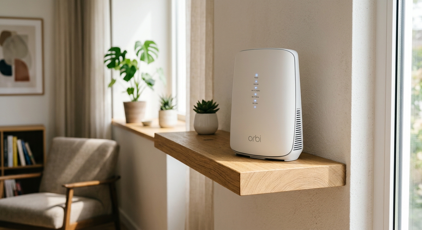 ראוטר מש (Mesh) מסוג נטגיר אורבי (Netgear Orbi) בצבע לבן מונח על מדף עץ צף בסלון ביתי מודרני ומואר.